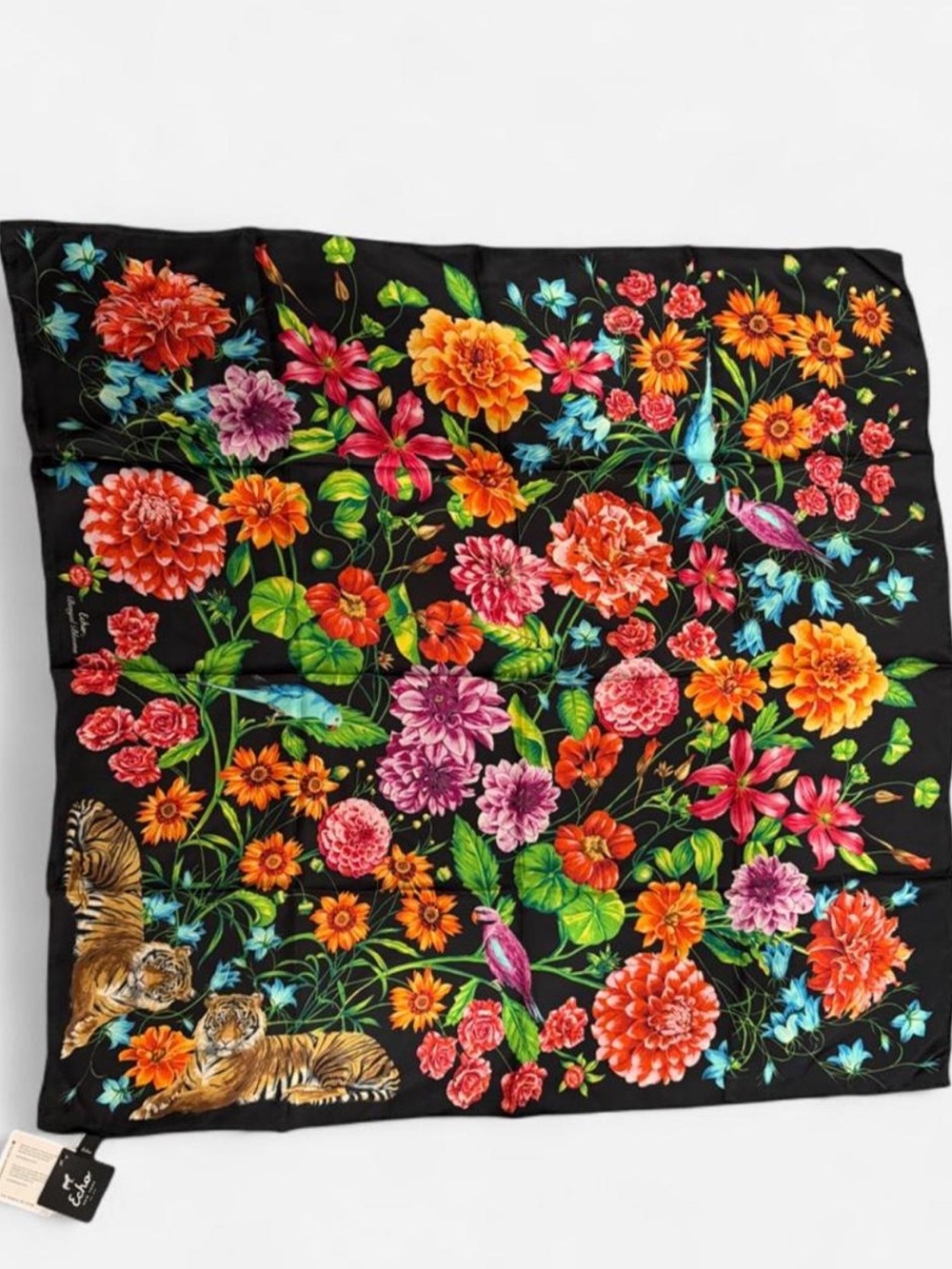 Echo Black Floral Scarf with Blue and Orange Blooms